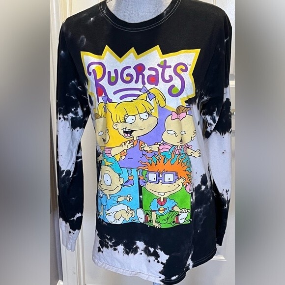 Rugrats Long Sleeve T-Shirt Black and White Bleach Dye Front and Back Graphics - Picture 1 of 9